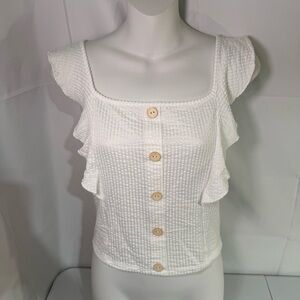 White Textured Tank Ruffle Strap Faux Button Front Crop Top Medium